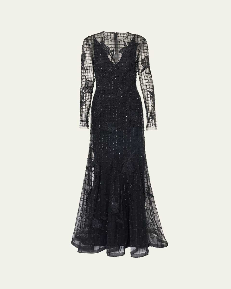 Embellished Long-Sleeve Trumpet Gown